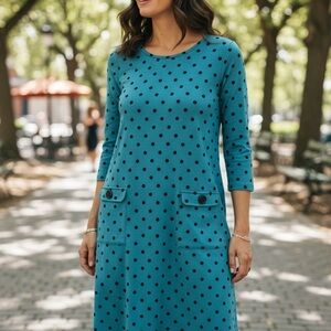 Ann Taylor Teal Polka Dot Long Sleeve Dress Size LP
